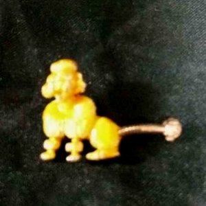 VTG PERIOD STYLE POODLE GOLD TONE/ YELLOW ENAMEL PAINT CLEAR RHINESTONE EYES